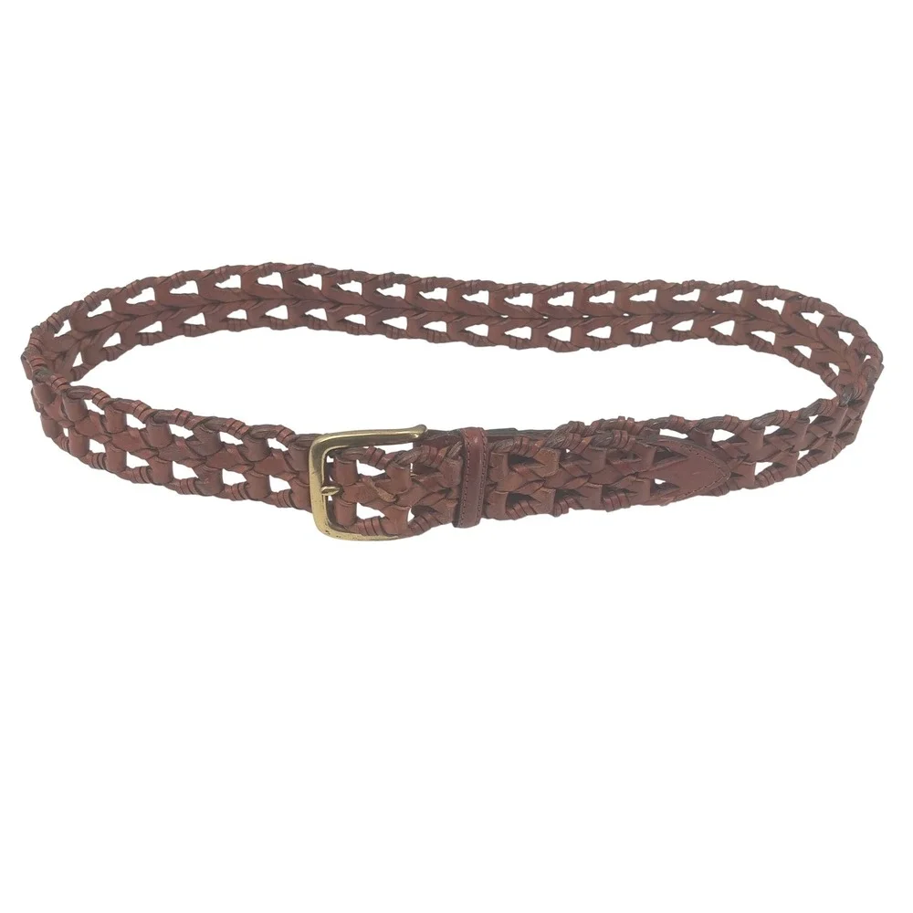 Mens Braided Woven Leather Belt Brown Solid Brass Buckle 36 Vintage 90s